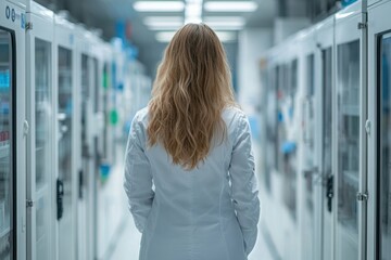 Tech Specialist. Female scientist white lab coat standing server room