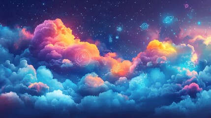 Fototapeta premium Whimsical depiction of floating clouds filled with various symbols, representing dreams and creative thoughts in a playful way.