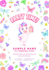 Birthday party invitation template with a baby unicorn, flowers and butterflies. Vector illustration.