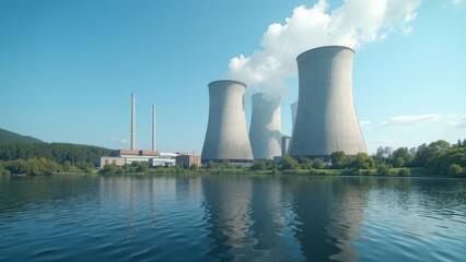 Cooling towers and power plant by tranquil lake with clear sky