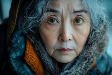 Elderly woman with thoughtful expression on a cold winter day