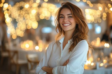 Event coordinator managing a sophisticated event setup, reflecting organization and enthusiasm