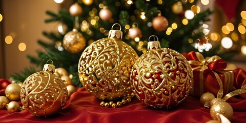Golden Christmas ornaments, intricate patterns, warm glow, festive decoration background