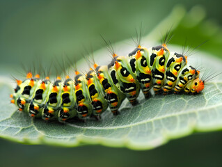 Vibrant green caterpillar crawling on a leaf, showcasing nature's raw beauty in striking clarity.