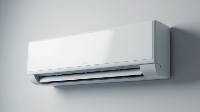 Parts of an home AC system displayed in a sleek, split-type air conditioner mounted on a wall