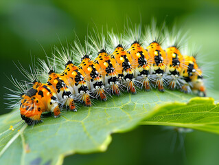 Fototapeta premium A vibrant green caterpillar making its way across a textured leaf in a natural setting.