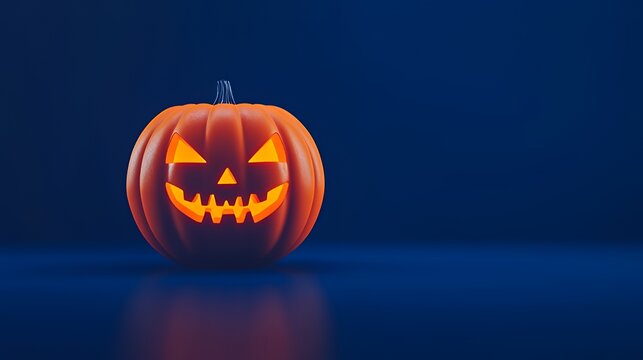A glowing jack-o'-lantern with a carved spooky face sits on a dark blue background.