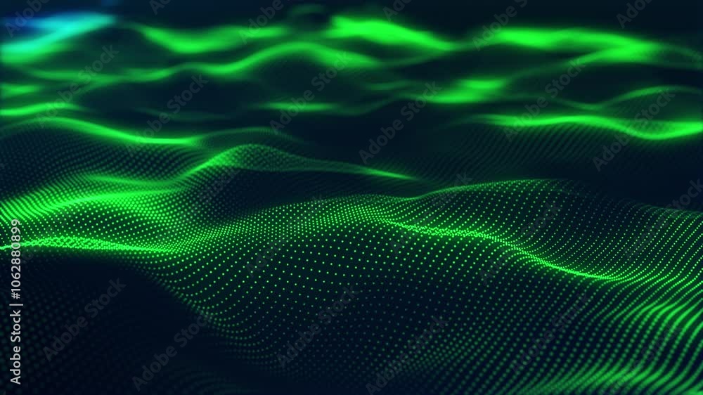 Poster stunning surface composed of neon glow particles that form waves of light, creating a captivating an