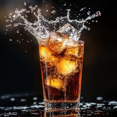 A refreshing drink splashing in a glass with ice and foam.
