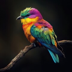 Fototapeta premium A vibrant bird perched on a branch, showcasing its colorful plumage against a dark background.