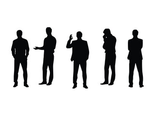 Silhouettes of Businessman character in different poses. Business man in formal suit standing front, back, rear, side view, pointing, thinking. Vector black illustrations on white background
