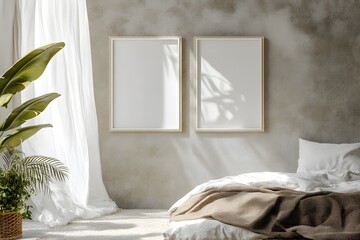 Three vertical poster frame mockups above the bed on concrete wall in bedroom. Soft morning light through the curtain. 3d illustration
