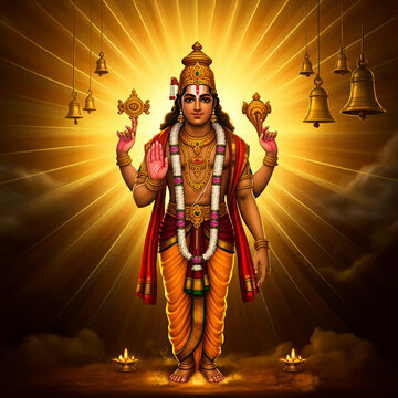 Holy image of Lord Narayana bathed in sacred light and temple bells, symbolizing enlightenment, protection, and divine blessings