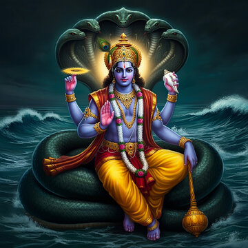 Divine illustration of Lord Vishnu seated on the serpent Sheshnag in the cosmic ocean, symbolizing preservation and balance in Hindu cosmology