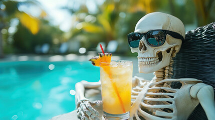 Skeleton Relaxing by Pool with Cocktail