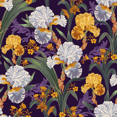 Iris flowers. seamless pattern in a decorative style. 