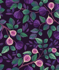 Seamless Botanical Pattern. Fig branches, ripe fig fruit. Plant pattern for wallpaper, textiles and any surface. 