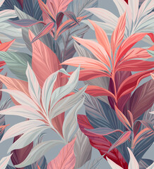 Palm leaves, seamless vector pattern in pastel colours. 