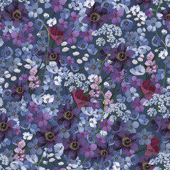 Floral seamless pattern for all types of surfaces. Vector floral print in blue colours.