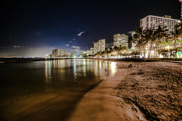 Waikiki Beach at Night with Streetlights and Night Sky