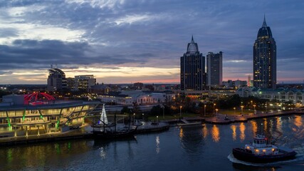 Downtown Mobile waterfront skyline at sunset