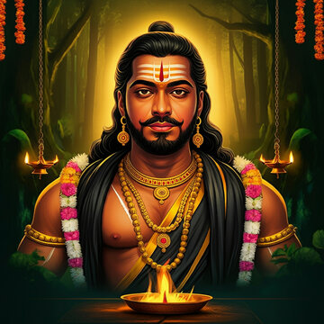 Illustration of Lord Ayyappa adorned with traditional jewelry and temple decorations, symbolizing devotion, strength, and spirituality
