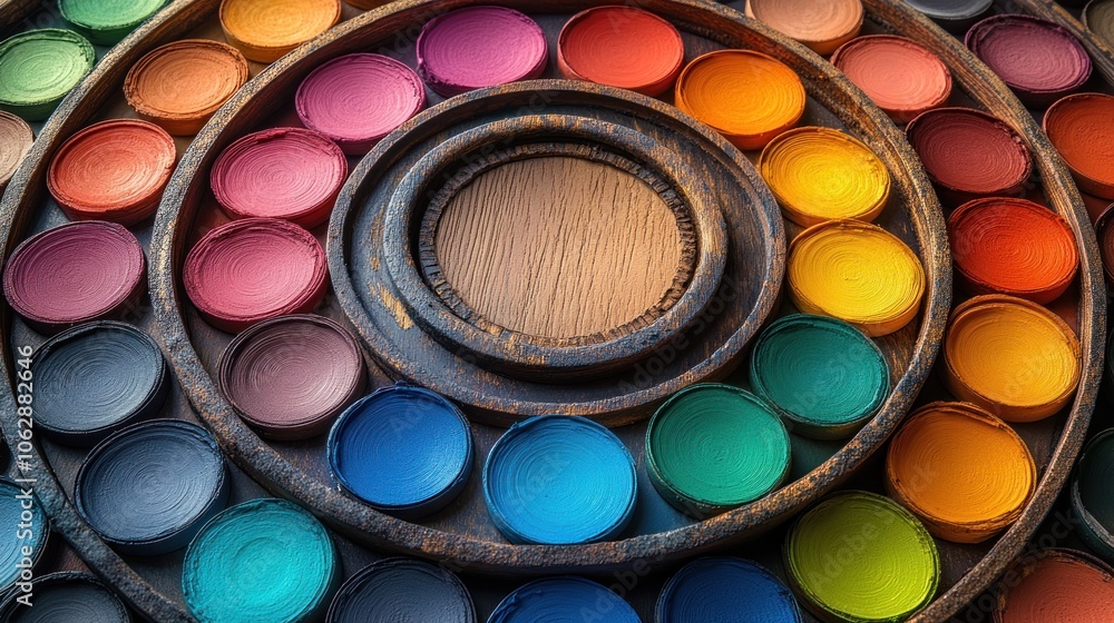 Poster colorful array of paint cans arranged in a circular pattern.