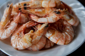 Close-up view of steamed shrimp in plate