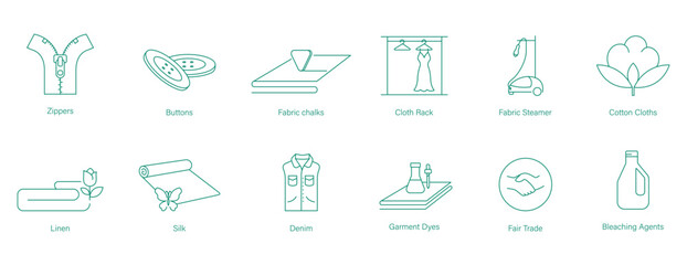 Zippers, Buttons, Fabric Chalk, Cloth Racks, Fabric Steamer, Cotton Cloth, Linen, Silk, Denim, Garment Dyes, Fair Trade, Bleaching Agents Icon Set