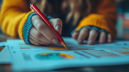 Teacher grading assignments, focused on providing feedback, hands holding red pen, detailed papers spread across the table, vibrant workspace