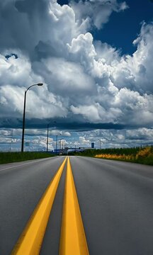 
A road leading into the distance, with yellow lines on both sides and clouds in front. In the background is an abandoned industrial area within tropical rainforests,