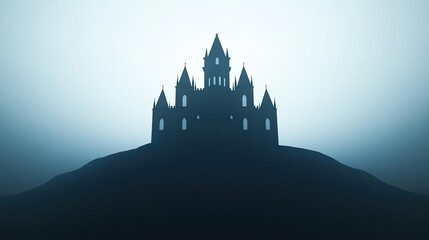 Obraz premium Silhouette of a mystical castle on a foggy hilltop.