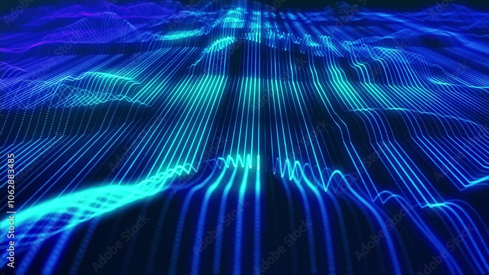 Poster blue strings. stunning surface composed of neon glow particles that form waves of light, creating a 