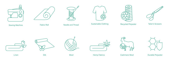 Swing Machine, Fabric Roll, Needle and Thread, Sustainable Clothing, Recycle, Polyester, Tailor Scissors, Linen, Silk, Wool, Hem Fabric, Cashmere Wool, Durable Polyester Icon Set