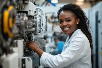 Engineer inspecting machinery in a high-tech lab, reflecting technical skill and precision
