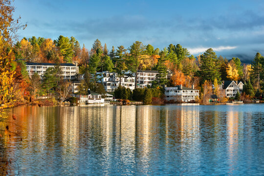 Lake Placid town over Mirror Lake Adirondack Mountains New York