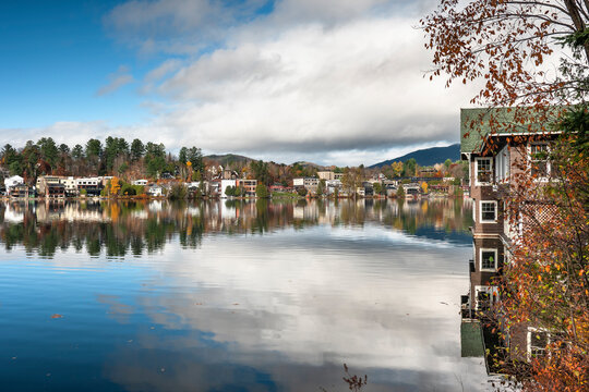 Lake Placid town over Mirror Lake Adirondack Mountains New York