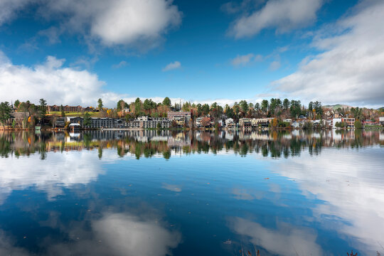 Lake Placid town over Mirror Lake Adirondack Mountains New York