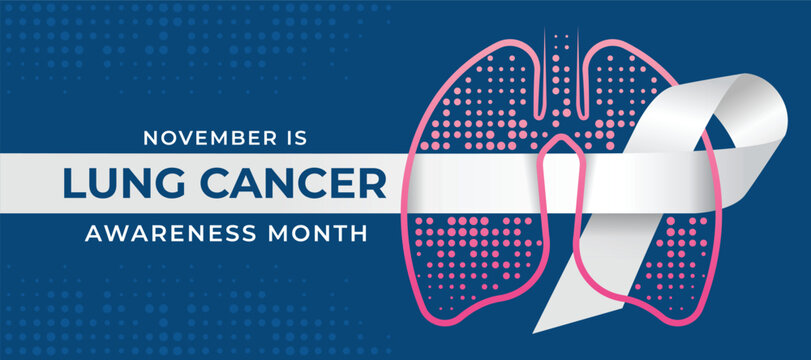 Lung cancer awareness month - Long white ribbon awareness sign cross pink line lung with dot texture sign on blue background vector design - Powered by Adobe