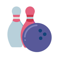 Colorful bowling pins and ball illustration, symbolizing bowling and indoor entertainment, isolated on white background.