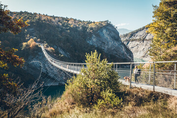 Hiking in autumn and discovery of the landscape of the Drac Himalayan footbridge, in Isère and the...