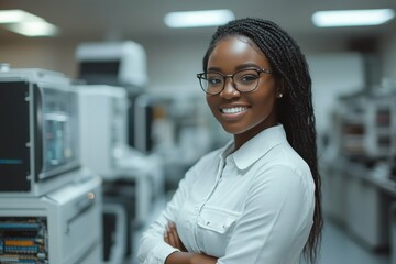 IT specialist solving technical issues in a sleek tech lab, portraying problem-solving skills and focus