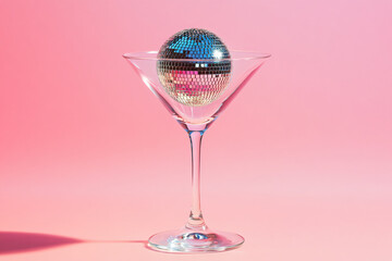 Cocktail party with disco ball on pink color background. Disco party, retro fashion. Modern stylish banner template for holiday card, banner, flyer, menu with space for text
