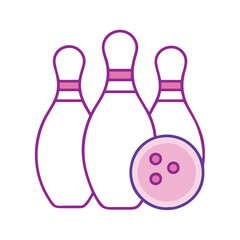 Colorful bowling pins and ball illustration, symbolizing bowling and indoor entertainment, isolated on white background.