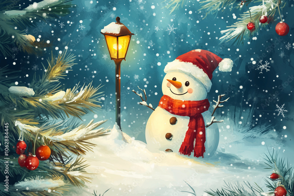 Poster snowman with a red scarf and a red hat stands in front of a lamp post. the scene is set in a snowy f