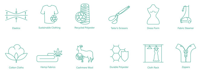 Elastics, Sustainable Clothing, Recycle, Polyester, Tailor Scissor, Dressform, Fabric Steamer, Cotton Cloth, Hem Fabric, Cashmere Wool, Durable Polyester, Cloth Rack, Zippers Icon Set