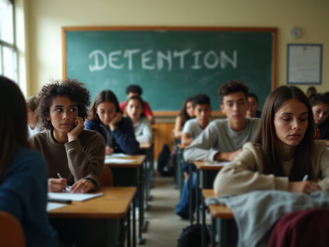 High school students in detention, varied expressions, seated at desks with "DETENTION" on chalkboard; somber daylight fills the room.