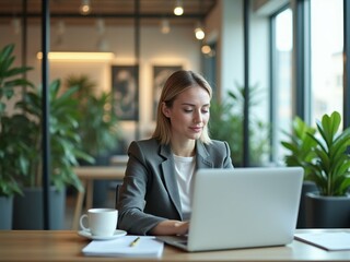 Professional woman working at a modern desk with natural light, focused and calm, surrounded by minimalist decor and plants.