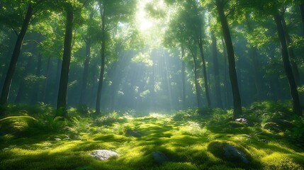 Obraz premium Morning Sun Rays in the Forest Dreamy Background Wallpaper Generative AI