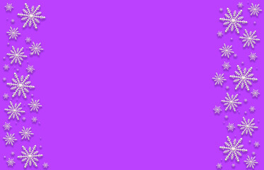 Winter violet magenta saturated bright gradient background with random snowflakes two sideways. Christmas, New Year card with copy space.